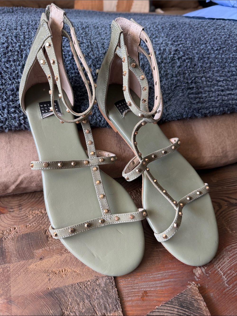 Studded Strappy Flat Sandals - Olive Green